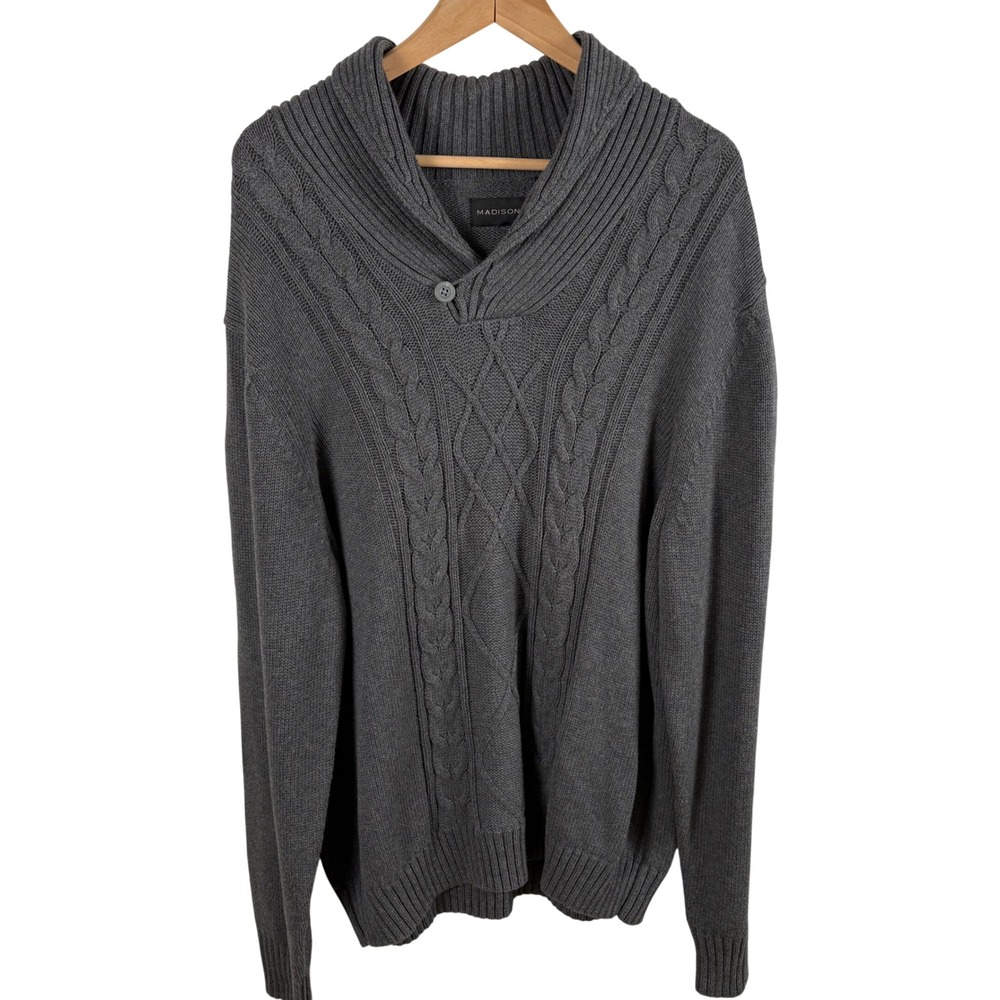 Shawl Collar Cable Knit Fisherman Sweater Men's XL Gray Cotton Preppy Academia